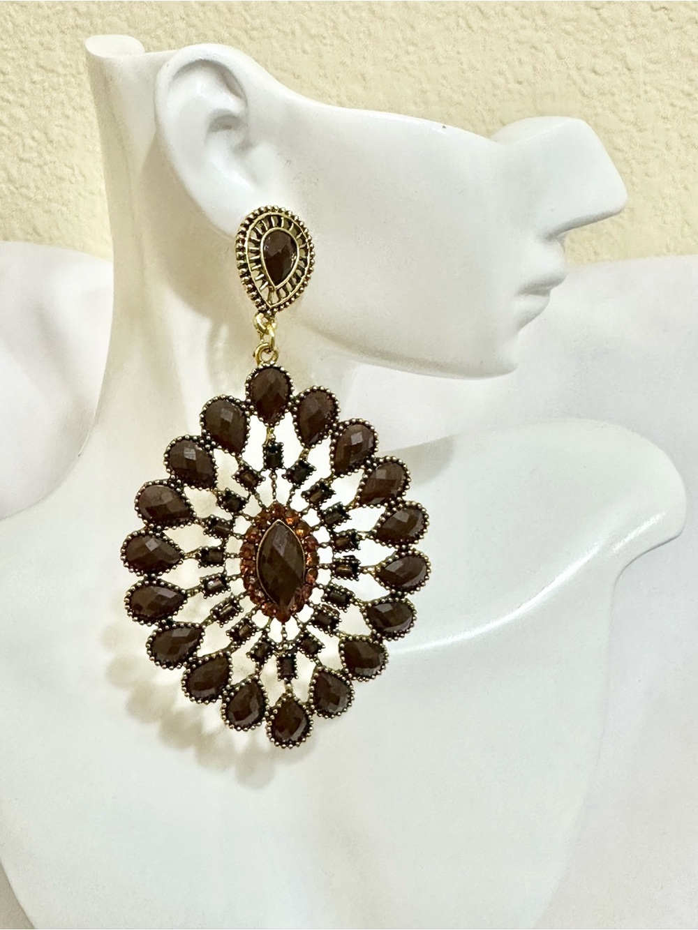 Gold-Tone Brown Teardrop Indian Inspired Statement Earrings